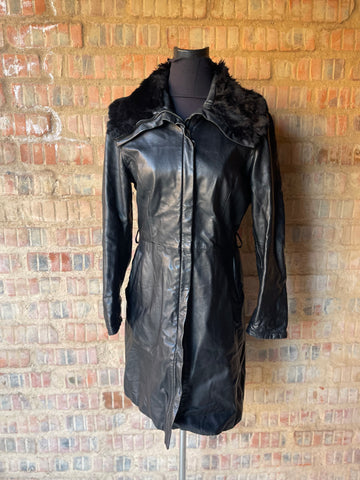 Genuine Leather Coat with Faux Fur Collar (S)
