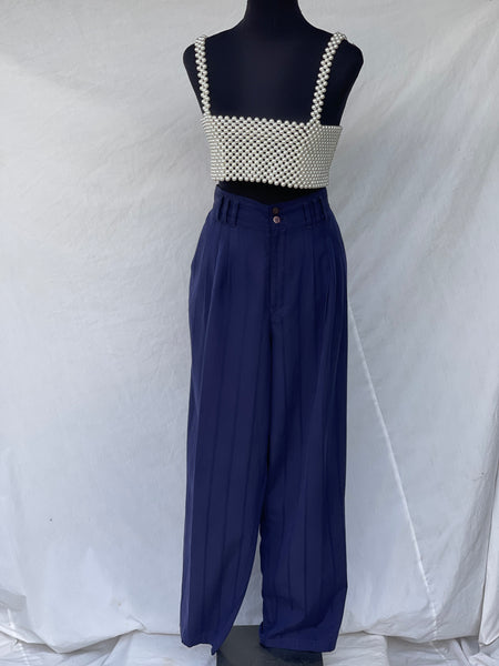 Navy Striped Pleated Pants (38)