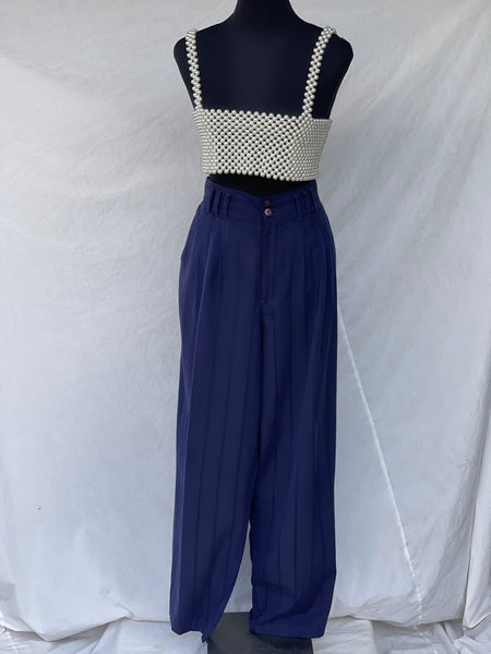 Navy Striped Pleated Pants (38)