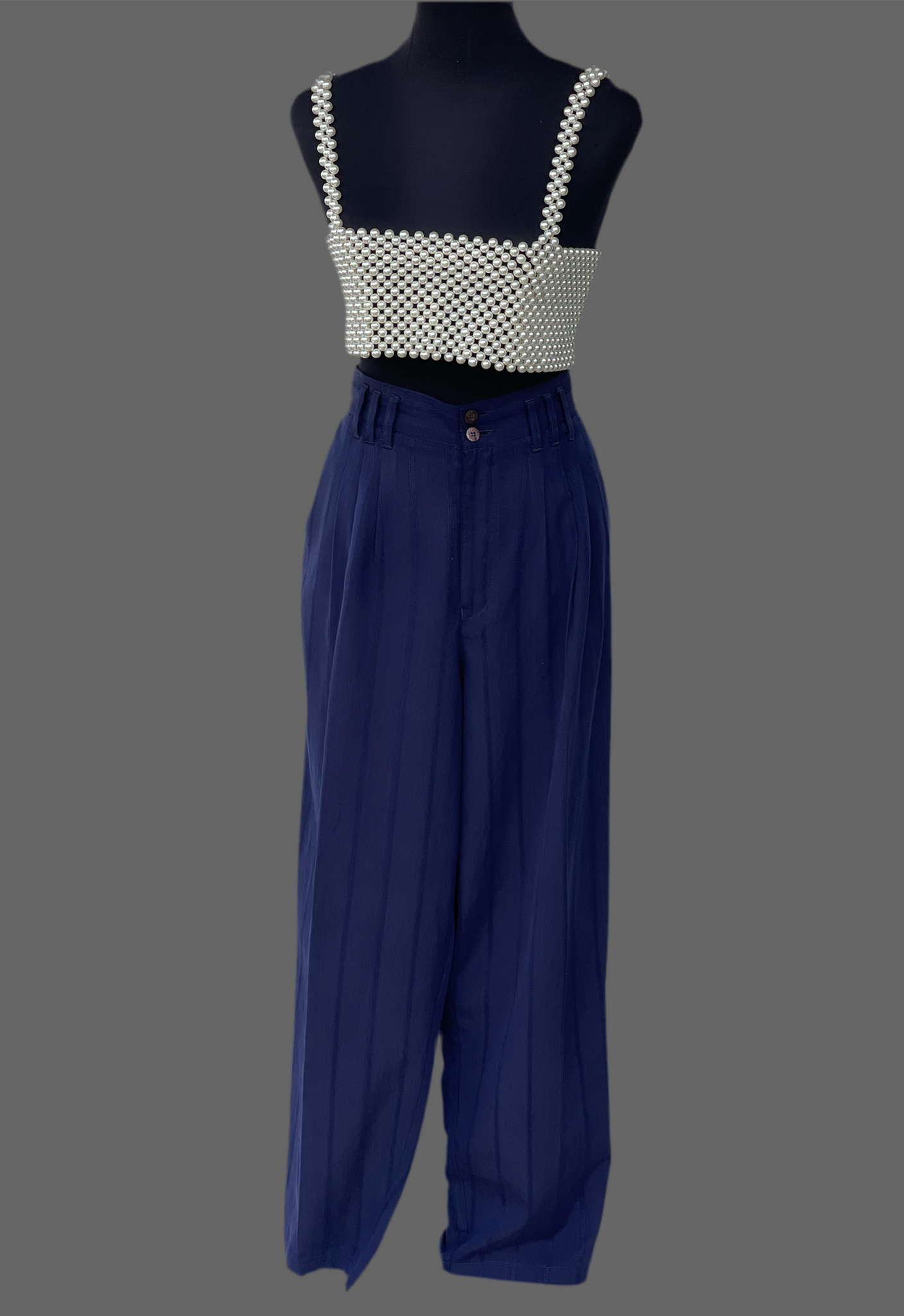 Navy Striped Pleated Pants (38)