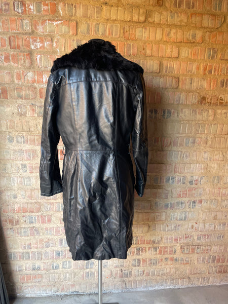 Genuine Leather Coat with Faux Fur Collar (S)