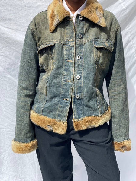Retro Denim Jacket with Fur Trimming  (L)