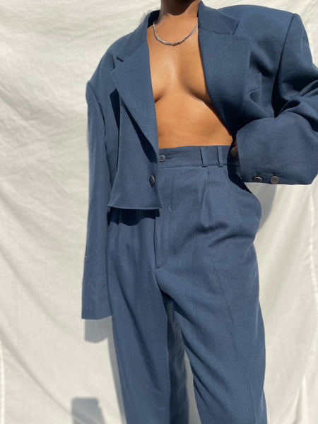 Navy Pleated Cropped Unisex Suit (Women’s 36)
